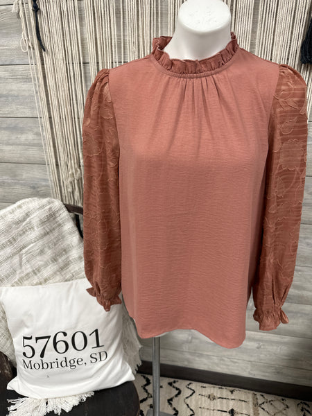 Dusty Rose Jacquard Sleeve Blouse